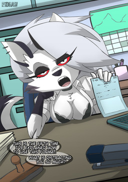 anthro black_bra black_clothing black_gloves black_handwear black_nose black_underwear bra breasts chair cheek_tuft choker cleavage clothed clothing collared_shirt dialogue dress_shirt ear_piercing facial_tuft female fingerless_gloves front_view furniture gloves grey_hair hair half-closed_eyes handwear holding_object holding_paper inside jewelry long_hair looking_at_viewer narrowed_eyes necklace on_chair open_mouth paper piercing red_sclera shirt sitting sitting_on_chair solo speech_bubble table talking_to_viewer teeth text tongue topwear tuft underwear white_body white_eyes h1draw hellaverse helluva_boss mythology loona_(helluva_boss) canid canid_demon canine demon hellhound mammal mythological_canine mythological_creature 2025 absurd_res english_text hi_res