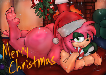 anthro big_butt bracelet breasts butt chimney christmas_clothing christmas_headwear clothing eyeshadow feet female green_eyeshadow handwear hat headgear headwear holidays jewelry legs_up lipstick long_toes lying makeup mittens narrowed_eyes nude nude_female on_front santa_hat smile solo kaijujuggs christmas sega sonic_the_hedgehog_(series) amy_rose absurd_res hi_res