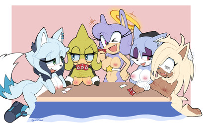anthro areola blue_eyes breasts brown_body brown_fur card clothing eyewear feet female footwear footwear_only fur glasses green_body green_eyes group looking_at_viewer mostly_nude multicolored_body multicolored_fur navel nipples nude one_eye_closed open_mouth open_smile playing_card purple_body purple_fur shoes shoes_only smile soles strip_poker tan_body tan_fur two_tone_body two_tone_fur white_body white_fur wink winking_at_viewer senshion idw_publishing sega sonic_the_hedgehog_(comics) sonic_the_hedgehog_(idw) sonic_the_hedgehog_(series) fan_character whisper_the_wolf canid canine canis felid feline mammal scalie wolf 2026 absurd_res hi_res