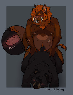 anal anal_penetration anthro anthro_on_anthro anthro_penetrated anthro_penetrating anthro_penetrating_anthro arm_scar black_body black_fur blush brown_body brown_fur chest_scar cutaway doggystyle duo erection eyes_closed facial_piercing from_behind_position fur genitals hair humanoid_genitalia humanoid_penis internal kneeling looking_pleasured male male/male male_anthro male_penetrated male_penetrating male_penetrating_male mane nipples nose_piercing nose_ring nude nude_anthro nude_male orange_hair overweight overweight_anthro overweight_male penetration penile penile_penetration penis penis_in_ass piercing pink_penis pubes ring_piercing scar sex simple_background tail text tusks vein veiny_penis labradorszn bear mammal suid suine sus_(pig) wild_boar 2023 english_text hi_res