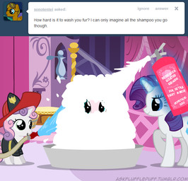 bath blue_eyes female feral firefighter glowing group hair horn levitation multicolored_hair purple_hair shampoo soap text turnout_gear two_tone_hair water young young_feral mixermike622 friendship_is_magic hasbro my_little_pony mythology fan_character fluffle_puff rarity_(mlp) sweetie_belle_(mlp) earth_pony equid equine horse mammal mythological_creature mythological_equine pony unicorn english_text url