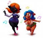 big_breasts black_body black_skin blue_hair breasts cleavage clothed clothing crossgender dancing dark_body dark_skin duo eyeless female footwear grass_skirt green_eyes hair high_heels huge_breasts lips musical_note musical_symbol not_furry one_eye_closed open_mouth red_hair shoes short_stack simple_background smile symbol thick_thighs white_background wide_hips wink outta_sync level-5 yo-kai_watch chatalie grubsnitch ghost humanoid spirit 2019