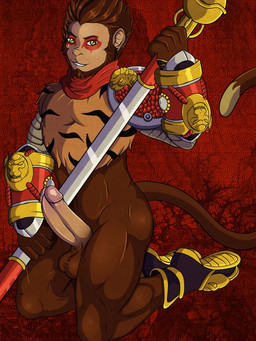 anthro balls erection genitals glans humanoid_genitalia humanoid_penis kneeling male muscular muscular_male penis smile smiling_at_viewer solo teeth blackbear journey_to_the_west league_of_legends riot_games tencent sun_wukong wukong_(lol) haplorhine mammal monkey primate 3:4 hi_res