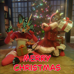 anthro celebration christmas_clothing christmas_decorations christmas_lights christmas_ornament christmas_present christmas_topwear christmas_tree clothed clothing duo female gift holidays horn inside male male/female ornament plant rug topwear tree wings sanythefox christmas rose_(rosethegoat) sany_van_fox bovid caprine goat lagomorph mammal wolpertinger 3d_(artwork) absurd_res digital_media_(artwork) hi_res