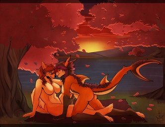 anniversary anthro black_hair breasts brown_hair butt cherry_blossom cuddling detailed_background dorsal_fin duo eye_contact eyewear featureless_breasts feet female female/female fin flower glasses grass hair hindpaw lake looking_at_another mountain multicolored_hair nature nude outside pawpads paws petals plant prunus_(flower) purple_hair relaxing romantic romantic_ambiance romantic_couple sky sunrise sunset tree two_tone_hair water mei5683 leila_snowpaw vaylute canid canine canis domestic_dog husky hybrid mammal nordic_sled_dog spitz signature