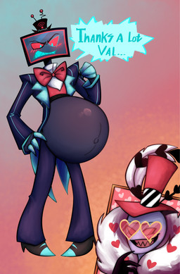 anthro belly belly_blush big_belly blue_eyes blush blush_lines body_blush bow_tie clothed clothing dialogue duo electronics eyewear for_a_head glasses hat headgear headwear heart_glasses humanoid_hands male male/male navel not_furry pregnant pregnant_anthro pregnant_male raised_clothing red_sclera screen screen_face sharp_teeth speech_bubble standing teeth television text toothy_grin wearing_glasses jest56 hazbin_hotel hellaverse valentino_(hazbin_hotel) vox_(hazbin_hotel) object_head screen_head tv_head 2026 digital_drawing_(artwork) digital_media_(artwork) english_description english_text hi_res