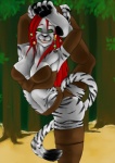 beads breasts claws cleavage clothed clothing detailed_background feet female flexible forest green_eyes hair hindpaw looking_at_viewer on_one_leg one_leg_up outside paws plant raised_leg red_hair simple_background smile solo splits spread_legs spreading standing stripes tail tree vertical_splits syrahfairbairn felid mammal pantherine tiger absurd_res hi_res