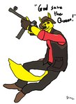 anthro clock clothed clothing dialogue fluffy fluffy_tail fully_clothed fur gun looking_aside looking_up male ranged_weapon rifle simple_background sniper_rifle solo tail tail_between_legs text watch weapon white_background yellow_body yellow_fur anonymous_artist 2020_tokyo_olympics olympics royal_australian_mint team_fortress_2 valve hockey_kangaroo_(olympics_australia) sniper_(team_fortress_2) kangaroo macropod mammal marsupial 2021 dated english_text low_res