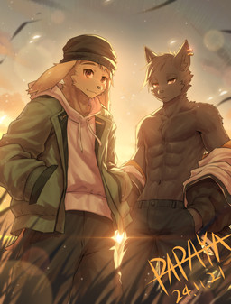 abs anthro backlighting black_clothing black_hat black_headwear brown_eyes clothed clothing duo ear_piercing ear_ring floppy_ears front_view fur grey_body grey_fur hat headgear headwear light looking_at_viewer male mouth_closed muscular muscular_anthro muscular_male narrowed_eyes outside pecs piercing ring_piercing standing yellow_body yellow_fur papayafurry canid canine mammal 2024 dated hi_res lighting signature