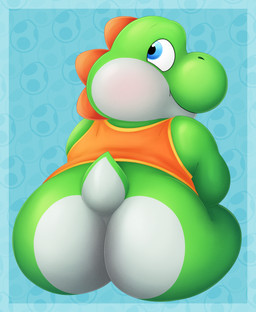 anthro big_butt biped blue_border blue_eyes blush border bottomless bottomless_anthro bottomless_male butt clothed clothing glistening glistening_eyes green_body green_nose green_scales green_tail head_ridge looking_back male male_anthro multicolored_body multicolored_clothing multicolored_scales multicolored_shirt multicolored_tail multicolored_tank_top multicolored_topwear orange_clothing orange_shirt orange_tank_top orange_topwear partially_clothed pattern_background rear_view scales shirt shirt_only short_tail simple_background sitting smile solo tail tank_top tank_top_only thick_thighs three-quarter_view topwear topwear_only two_tone_body two_tone_clothing two_tone_scales two_tone_shirt two_tone_tail two_tone_tank_top two_tone_topwear white_body white_scales white_tail young young_anthro young_male sinood1e mario_bros nintendo fan_character little_tony_yoshisaur_munchakoopas_(sinood1e) green_yoshi scalie yoshi 2025 absurd_res digital_media_(artwork) hi_res