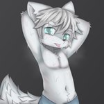 anthro armpit_fetish blue_bottomwear blue_clothing blue_eyes blue_pants blush bodily_fluids bottomwear clothing fur kemono male navel pants solo sweat tongue tongue_out white_body white_fur lonelywolfyboi arctic_fox canid canine fox mammal true_fox 1:1 absurd_res hi_res shaded