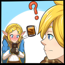 blonde_hair clothed clothing duo female fish_sticks fully_clothed hair humanoid_pointy_ears humor not_furry pointy_ears pun question_mark visual_pun nudiedoodles breath_of_the_wild nintendo the_legend_of_zelda link princess_zelda humanoid hylian 1:1 2020 hi_res