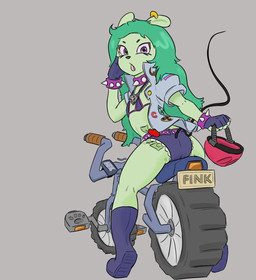 anthro armor bicycle bikini bikini_top biped boots bottomwear bracelet butt clothed clothing collar denim denim_bottomwear denim_clothing denim_shorts ear_piercing ear_ring eyebrows female fingerless_gloves flat_chested floppy_ears footwear gloves green_body green_hair hair handwear headgear helmet holding_object jacket jewelry looking_at_viewer looking_back looking_back_at_viewer necklace open_clothing open_jacket open_mouth open_topwear piercing rear_view ring_piercing shoes shorts simple_background sitting skimpy solo spiked_bracelet spiked_collar spikes swimwear text topwear two-piece_swimsuit vehicle young young_anthro young_female stupidgnoll cartoon_network ok_k.o.!_let's_be_heroes adult_fink fink_(ok_k.o.!_lbh) mammal murid murine rat rodent 2022 english_text hi_res