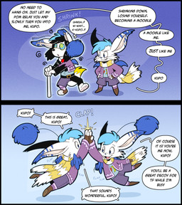 antennae_(anatomy) bat_wings blue_hair blue_nose blue_wings boots bottomwear clothing dialogue duo fingerless_gloves footwear fur gloves hair handwear hypnosis jacket legwear magical_transformation membrane_(anatomy) membranous_wings mid_transformation mind_control pattern_clothing pattern_legwear pattern_scarf pom_antennae ringed_eyes scarf shoes shorts shrinking size_transformation speech_bubble striped_clothing striped_legwear striped_scarf stripes text topwear transformation twinning whiskers white_body white_fur wings wings_flapping trevor-fox final_fantasy square_enix erakir erakir_(character) ivalician_moogle mammal moogle comic english_text hi_res