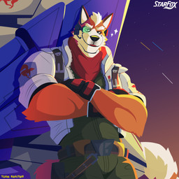 anthro bottomwear clothed clothing countershade_face countershading evening eyebrows fur gloves hair half-closed_eyes handwear jacket looking_at_viewer male narrowed_eyes orange_body orange_fur pants ship sky solo thick_eyebrows topwear vehicle visor watercraft white_body white_fur white_hair kraiton13 nintendo star_fox fox_mccloud canid canine fox mammal 1:1 2026 absurd_res hi_res