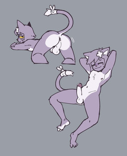 4_toes accessory anthro anus bedroom_eyes blush blush_lines bodily_fluids butt chest_tuft countershade_butt countershade_feet countershade_fur countershade_torso countershading dipstick_tail dripping erection eyes_closed feet flaccid foreskin front_view fur furgonomics genital_fluids genitals grey_background hair hair_accessory hands_behind_head humanoid_genitalia humanoid_penis inner_ear_fluff leaning leaning_backward looking_at_viewer male markings monotone_background multiple_poses narrowed_eyes nipples nude penis perineum pose precum precum_drip presenting presenting_hindquarters purple_body purple_fur purple_hair rear_view retracted_foreskin seductive shaking_butt short_hair simple_background smile solo tail tail_accessory tail_markings toes tuft unretracted_foreskin white_body white_countershading white_inner_ear_fluff white_tail_tip x_anus yellow_sclera echossmetches miu_(nxpnt) domestic_cat felid feline felis mammal 2025 hi_res