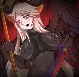 5_fingers big_breasts black_body black_feathers black_horn black_nipples breasts eyeshadow feathers female fingers grey_body grey_feathers grey_hair hair half-closed_eyes halo holding_melee_weapon holding_object holding_scepter holding_sword holding_weapon horn lipstick looking_at_viewer makeup melee_weapon narrowed_eyes nipples purple_eyes purple_eyeshadow purple_lipstick solo sword weapon white_body white_skin nami955 fear_and_hunger fear_and_hunger:_termina the_heartless_one avian humanoid monster unknown_species hi_res