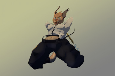 anthro biped black_bottomwear black_clothing black_pants bottomwear breasts brown_body brown_fur clothed clothed_anthro clothed_female clothing ear_piercing female front_view fur grey_background hands_behind_back holding_melee_weapon holding_object holding_sword holding_weapon looking_at_viewer looking_down low-angle_view medium_breasts melee_weapon open_mouth pants piercing shadow shirt simple_background solo sword tan_body tan_fur text topwear under_boob weapon white_clothing white_shirt white_topwear ficence caracal caracal_(genus) felid feline mammal 2025 artist_name colored full-length_portrait hi_res portrait shaded