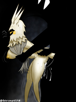 anthro black_body bodily_fluids cum dominant duo female from_behind_position fur genital_fluids male male/female nipples sex side_view tears white_body white_eyes white_fur yellow_eyes yellow_nipples dehromansfw hollow_knight_(franchise) team_cherry radiance_(hollow_knight) shade_lord_(hollow_knight) arthropod insect lepidopteran moth 2025 3:4 absurd_res hi_res