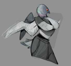 ambiguous_gender anthro beak bottomwear clothing crossed_arms feathered_arms feathered_wings feathers grey_background looking_aside orange_eyes pants shirt side_view simple_background solo standing t-shirt tail topwear wings infezmite avian bird columbid pigeon 2026 digital_drawing_(artwork) digital_media_(artwork) english_description