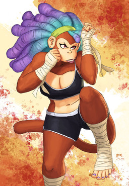 5_fingers 5_toes abstract_background accessory anthro arm_wraps athletic_wear bottomwear bra breasts brown_body brown_fur cleavage clothed clothing colored_nails dreadlocks feet female fighting_pose fingers foot_wraps fur gym_bottomwear gym_shorts hair hand_wraps headband hotpants leg_wraps lips midriff multicolored_hair nails one_leg_up pink_lips pose purple_nails raised_leg red_eyes shorts solo sports_bra sweatband toes underwear wraps redustheriotact naira_(nitro) haplorhine mammal monkey primate 2022 hi_res