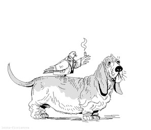 beak black_nose cigar clothing coat duo feral floppy_ears gesture holding_cigar holding_object male paws short simple_background standing_on_another tail tongue tongue_out topwear trenchcoat white_background wings leona-florianova columbo_(series) columbo dog_(columbo) avian basset_hound bird canid canine canis columbid domestic_dog hunting_dog mammal pigeon scent_hound black_and_white monochrome
