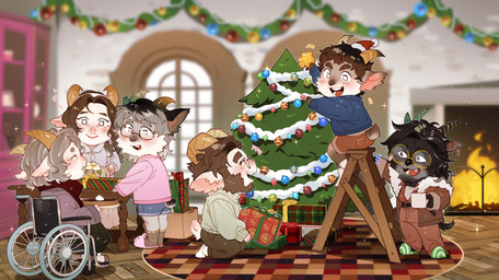 2_horns ^_^ anthro beard beverage black_body black_bottomwear black_clothing black_fur black_hair black_skirt blue_bottomwear blue_clothing blue_shorts blue_sweater blue_topwear blush bottomwear box brother-in-law brown_bottomwear brown_clothing brown_hair brown_pants brown_shorts brown_slippers bunny_slippers cabinet candy chair checkered chocolate christmas_decorations christmas_ornament christmas_present christmas_tree clothing container cup curled_horn decorating dessert eyes_closed eyewear facial_hair female fire fireplace floor food footwear fur furniture gift glasses goatee green_slippers grey_clothing grey_footwear grey_hair grey_socks group hair holding_container holding_cup holding_mug holding_object holding_plate holidays horn hot_chocolate in-law jacket ladder living_room long_hair male mug multicolored_hair on_chair on_ladder ornament pants pastry pie pink_clothing pink_slippers pink_sweater pink_topwear plant plate purple_clothing purple_jacket purple_shirt purple_topwear rectangular_glasses round_glasses rug shirt shorts sitting sitting_on_chair skirt small_tail smile socks steam striped_slippers sweater table tail tan_body tan_clothing tan_fur tan_sweater tan_topwear topwear tree two_tone_hair vehicle wheelchair white_body white_clothing white_footwear white_fur white_socks window wood wood_floor booboo34 christmas aiden_(booboo34) anthony_(booboo34) glenda_dalton robin_(booboo34) victoria_dalton william_dalton bovid caprine goat mammal 2025 absurd_res hi_res brother_(lore) brother_and_sister_(lore) brothers_(lore) cousins_(lore) daughter_(lore) mother_(lore) mother_and_child_(lore) mother_and_daughter_(lore) mother_and_son_(lore) parent_(lore) parent_and_child_(lore) parent_and_daughter_(lore) parent_and_son_(lore) sibling_(lore) sister_(lore) son_(lore)