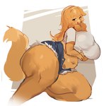 anthro arm_under_breasts belly big_breasts big_butt bottomwear breasts brown_body brown_fur butt clothed clothing daisy_dukes denim denim_bottomwear denim_clothing denim_shorts female fully_clothed fur half-closed_eyes hotpants huge_breasts huge_butt kemono looking_at_viewer narrowed_eyes navel open_bottomwear open_clothing open_mouth overweight overweight_female shirt shorts sitting skimpy slightly_chubby slightly_chubby_female smile solo tail thick_thighs topwear torn_bottomwear torn_clothing torn_shorts unbuttoned_shorts white_clothing white_shirt white_topwear wide_hips utterangle golden_(kishibe) canid canine canis domestic_dog mammal absurd_res hi_res