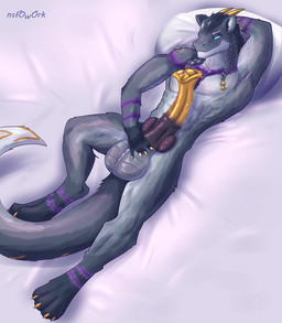 abs animal_genitalia animal_penis anthro armpit_hair ball_tuft balls bed bedroom_eyes big_balls big_flare big_penis blue_eyes bodily_fluids body_hair braided_hair claws equine_genitalia equine_penis erection eyebrows fur furniture genital_fluids genitals grey_body grey_fur grey_hair grey_skin grin grinning_at_viewer hair hair_jewelry hand_behind_head holding_penis horn hybrid_genitalia hybrid_penis knot knotted_equine_penis knotted_penis lying male multicolored_penis muscular muscular_male narrowed_eyes neck_tuft on_back pecs penis pillow precum pupils purple_body purple_eyebrows purple_fur purple_pattern purple_penis seductive smile smiling_at_viewer solo spiked_glans spines tail tuft two_tone_penis vein veiny_penis white_pupils yellow_penis nsfowork acrius_(felkin) felkin absurd_res hi_res