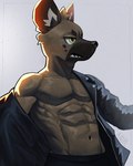 abs anthro clothed clothing male muscular muscular_male off_shoulder open_clothing open_shirt open_topwear pecs shirt simple_background solo topwear ankorthewolf aggretsuko sanrio haida_(aggretsuko) hyena mammal 4:5 hi_res