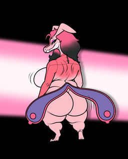 anthro breasts butt female hair looking_at_viewer looking_back looking_back_at_viewer palmorph pink_hair simple_background smile solo standing tail transformation thatmoondragon palworld pocketpair lovander pal_(species) 2024 digital_media_(artwork) hi_res