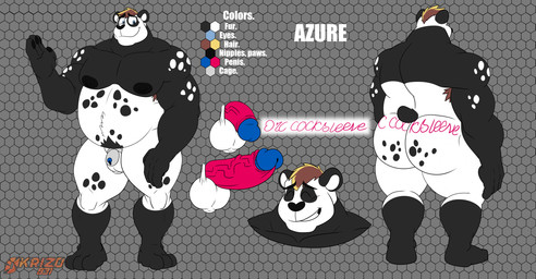 anthro black_body black_fur blonde_hair blue_eyes brown_hair butt chastity_cage chastity_device color_swatch erection flaccid front_view fur genitals hair male markings multicolored_body multicolored_fur multicolored_hair musclegut muscular penis rear_view slightly_chubby solo spots spotted_body spotted_fur tattoo white_body white_fur okrizo831 azure_(pupblueslut) bear giant_panda mammal 2026 headshot_portrait hi_res model_sheet portrait