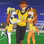 american_football anthro arm_around_shoulders bottomwear cheerleader clothed clothing dolphin_shorts female football_field fully_clothed group hotpants male night outside shirt shorts sport stadium t-shirt tank_top topwear trio fuze texnatsu ty_conrad bovid bovine canid canine cattle fox mammal 1:1 hi_res