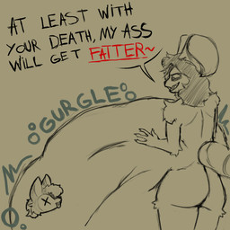 abdominal_bulge anthro belly death dialogue digestion digestion_noises digestion_sequence fatal_vore forced male male/male smile smirk solo_focus sticker unwilling_prey vore vore_tattoo nsfoxxw ratfucker616 john_(ratfucker616) canid canine fox mammal murid murine rat rodent 1:1 hi_res