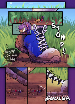 ambiguous_gender anthro cartoon_violence clothing duo female flattened footwear implied_fatal macro peril shoe_crush shoes simple_background size_difference smaller_female solo_focus speech_bubble stomping text eelmeal ant arthropod human humanoid hymenopteran insect mammal absurd_res comic digital_media_(artwork) english_text hi_res