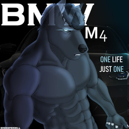 abs anthro biceps black_body black_fur black_hair black_nose blue_eyes car fingers fur glowing glowing_eyes hair looking_at_viewer male muscular muscular_male nails simple_background solo teeth teeth_showing text vehicle grandpaman bmw canid canine canis domestic_dog mammal digital_media_(artwork) hi_res