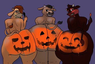 anthro big_butt blue_eyes brown_eyes brush butt group jack-o'-lantern male paint paintbrush pumpkin_butt smug trio young binkykun blue_sky_studios ferdinand_(film) bones_(ferdinand) guapo_(ferdinand) valiente_(ferdinand) bovid bovine cattle mammal absurd_res hi_res