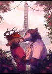 anthro art_nouveau black_bars clothed clothing duo eiffel_tower france hug kissing male male/male paris romantic romantic_couple string_lights scribblewoof tennis_ace shoichi_urata canid canine canis deer domestic_dog husky mammal nordic_sled_dog siberian_husky spitz digital_media_(artwork) hi_res letterbox shaded