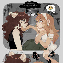 5_fingers anthro biped blush bottomwear breasts brown_body brown_fur brown_hair brown_tail clothed clothed_anthro clothed_female clothing duo eye_contact female female/female fingernails fingers fully_clothed fully_clothed_anthro fully_clothed_female fur green_eyes hair heart_symbol inside looking_at_another nails offscreen_sex side_view sitting smile tail teeth text thought_bubble topwear raccoattack felid haplorhine lion mammal monkey pantherine primate 2026 digital_drawing_(artwork) digital_media_(artwork) english_text hi_res