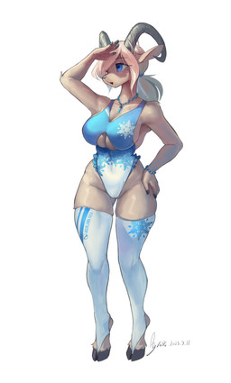 anthro arms_bent big_breasts biped blue_clothing blue_eyes blue_swimwear bovid_horn breasts clothed clothed_anthro clothed_female clothing eyebrow_through_hair eyebrows eyelashes female female_anthro fur hair hooves horizontal_pupils horn latex latex_clothing latex_skinsuit legwear open_mouth pupils simple_background skinsuit solo standing stockings swimwear thick_thighs tight_clothing translucent translucent_hair white_background wide_hips shanher bovid caprine goat mammal 2023 absurd_res dated full-length_portrait hi_res portrait