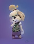 2020 animal_crossing anthro blush bottomwear canid canine canis clothed clothing darkanine121212 domestic_dog female fully_clothed fur hair hand_on_face hi_res isabelle_(animal_crossing) mammal monotone_bottomwear monotone_clothing monotone_skirt nintendo one_eye_closed open_mouth pencil_skirt purple_background shih_tzu simple_background skirt smile solo standing toy_dog uncanny_valley wink yellow_body yellow_fur
