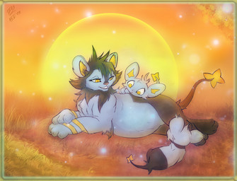 ambiguous_gender belly big_belly black_body black_fur blue_body blue_fur duo female feral fur outside pregnant pregnant_female pregnant_feral sunset yellow_eyes black_kitty game_freak nintendo pokemon felid generation_4_pokemon luxio mammal pokemon_(species) shinx colored digital_drawing_(artwork) digital_media_(artwork) mother_(lore) parent_(lore)