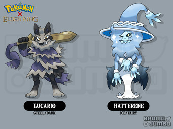 alternate_form anthro black_body black_fur black_sclera blue_body blue_hair clothing cracked_skin duo fangs female fur fusion grey_background grey_body grey_fur hair hat headgear headwear male multi_limb multicolored_body multicolored_fur one_eye_closed pupils simple_background teeth text two_tone_body two_tone_fur weapon weapon_on_shoulder white_pupils witch_hat yellow_eyes bromojumbo elden_ring fromsoftware nintendo pokemon blaidd_(elden_ring) ranni_the_witch generation_4_pokemon generation_8_pokemon hatterene lucario pokemon_(species) 2022 4:3 crossover english_text hi_res signature watermark