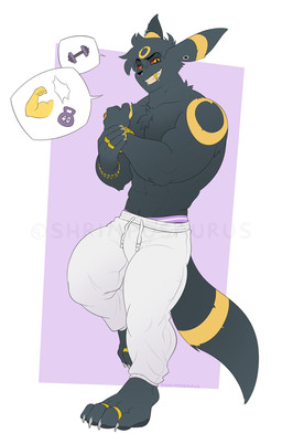 anthro athletic_wear barefoot big_feet black_body black_fur black_pawpads bottomwear bracelet claws clothing digit_ring ear_piercing facial_piercing feet foot_fetish fur gauged_ear gold_(metal) gold_tooth jewelry looking_at_viewer male markings muscular nose_piercing pants pawpads piercing plantigrade red_sclera ring ring_(marking) ringed_tail septum_piercing simple_background solo striped_markings striped_tail stripes sweatpants tail tail_markings toe_claws toe_ring toes shrimposaurus nintendo pokemon blake_umbran eeveelution generation_2_pokemon pokemon_(species) umbreon hi_res