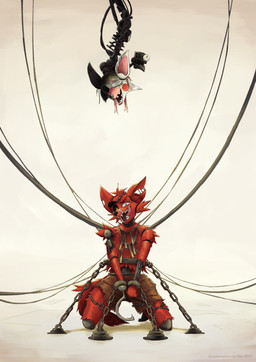 ambiguous_gender anthro chain duo looking_at_viewer machine male metallic_body sneer tongue tongue_out wire mynameiscomic five_nights_at_freddy's five_nights_at_freddy's_2 scottgames foxy_(fnaf) mangle_(fnaf) animatronic canid canine fox mammal robot 2023 digital_media_(artwork) hi_res