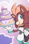 anthro black_nose blue_eyes brown_body brown_fur cake clothing dessert eyelashes female food footwear fur gloves hand_on_hip handwear one_eye_closed simple_background solo tight_clothing hildahyena sega sonic_the_hedgehog_(series) hilda_the_hyena hyena mammal hi_res