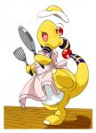 ambiguous_gender animal_genitalia apron cloaca clothed clothed_feral clothing cook cooking cookware egg feral frying_pan genitals horizontal_cloaca kitchen_spatula kitchen_utensils simple_background solo spatula tools white_background pasaran nintendo pokemon ampharos generation_2_pokemon pokemon_(species)