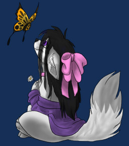 accessory anthro biped black_hair bottomless bow_(feature) bow_accessory bow_ribbon centered_hair_bow clothed clothing container cup female flower fur hair hair_accessory hair_bow hair_ribbon holding_object plant purple_clothing purple_eyes purple_sweater purple_topwear ribbons simple_background sitting smile solo sweater topwear transparent_background white_body white_fur tribalbite aggie arctic_fox arthropod butterfly canid canine fox insect lepidopteran mammal true_fox 2015 alpha_channel digital_media_(artwork) low_res