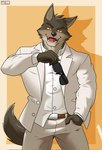 anthro belt border bottomwear clothing eyewear fur hand_in_pocket male male_anthro open_mouth pants pockets shadow simple_background solo suit sunglasses white_border white_bottomwear white_clothing white_pants white_suit seandemon dreamworks the_bad_guys mr._wolf_(the_bad_guys) canid canine canis mammal wolf 2022 hi_res watermark