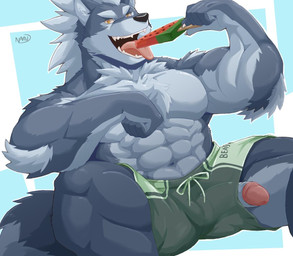 abs anthro biceps black_nose clothing food fruit fur genitals humanoid_genitalia humanoid_penis male melon muscular muscular_anthro muscular_male pecs penis penis_poking_out penis_through_leghole plant solo watermelon naruever zack_(naruever) canid canine canis mammal wolf 2019 digital_media_(artwork)